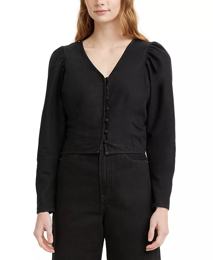Levis Teegan Cotton Mutton-Sleeve Blouse – Black, Size Small