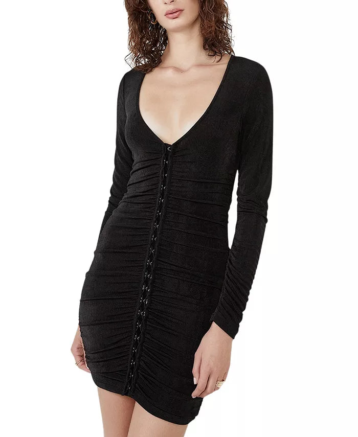 Bardot Demi Ruched Long Sleeve Minidress in Black, Size X-Large