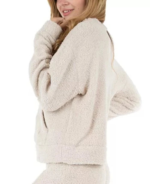 Rewash Womens Beige Textured Pocketed Long Sleeve Crew Neck Top, Size Medium