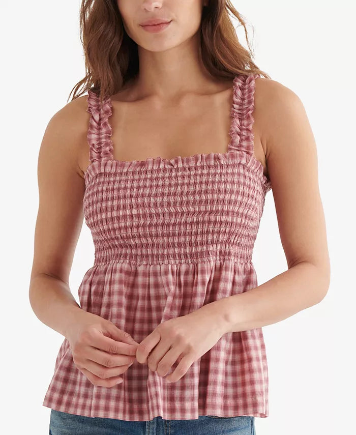 Lucky Brand Cotton Gingham-Print Smocked Tank Top, Size Small