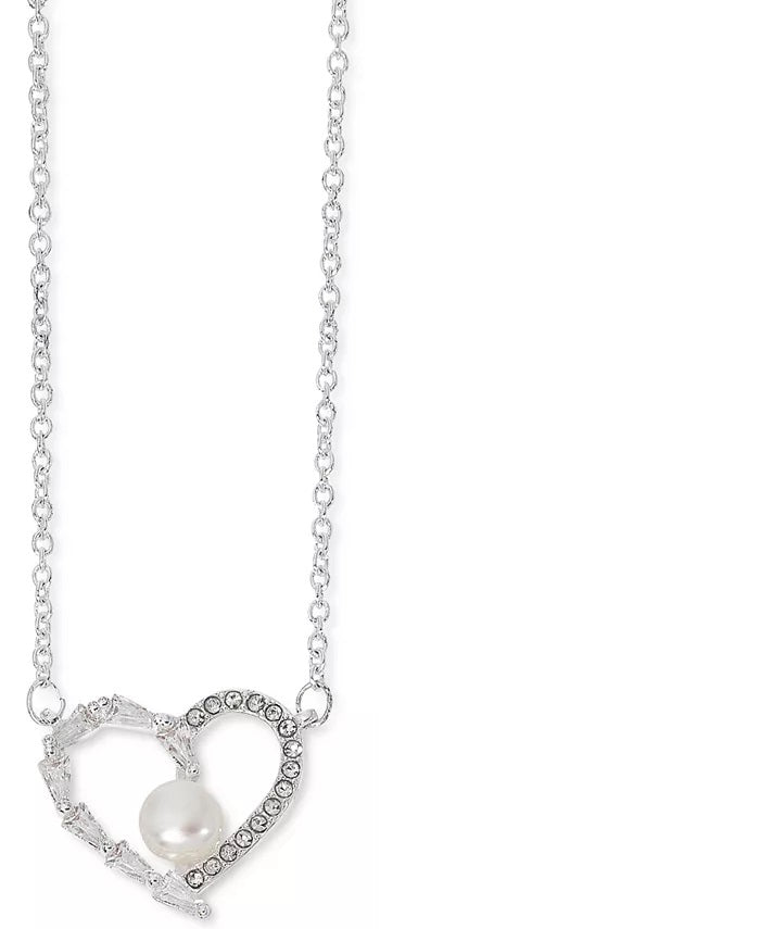 Rh Macy Cubic Zirconia and Imitation Pearl Heart Pendant Necklace