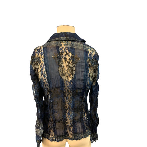 Agora Blue Black Embellished Long Sleeve Shirt Top, Small