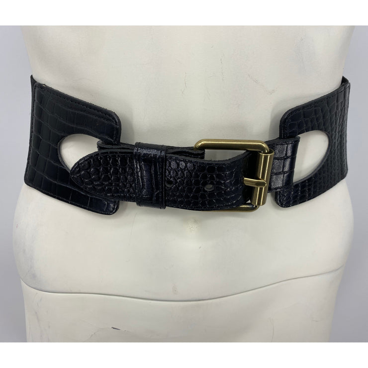 Express Wide Elastic Waist Belt & Black Leather, Size Small/Medium