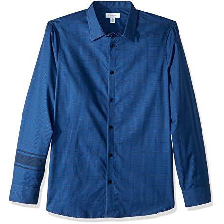 Calvin Klein Mens Long Sleeve Button Down Plaid Shirt, Gravity, Size Small