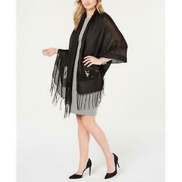 INC International Concepts Fringe Sequin Party Evening Wrap Black O/S