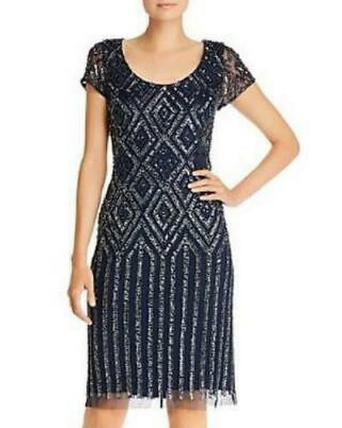 Adrianna Papell Womens Beaded Sheath Cocktail Dress-Navy/Size 2