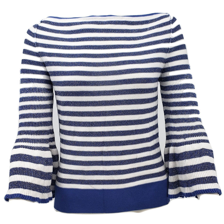Boston Proper Womens Small Sweater Blue White Stripe Boatneck Bell Sleeve, Small