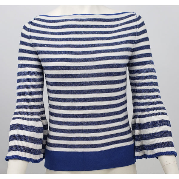 Boston Proper Womens Small Sweater Blue White Stripe Boatneck Bell Sleeve, Small