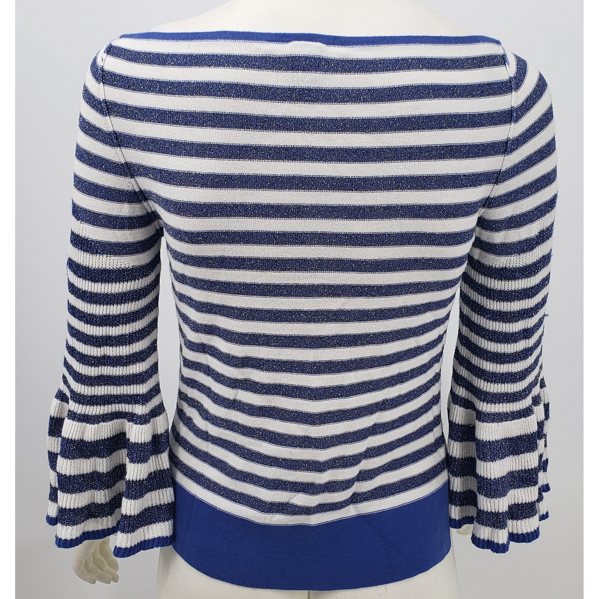 Boston Proper Womens Small Sweater Blue White Stripe Boatneck Bell Sleeve, Small