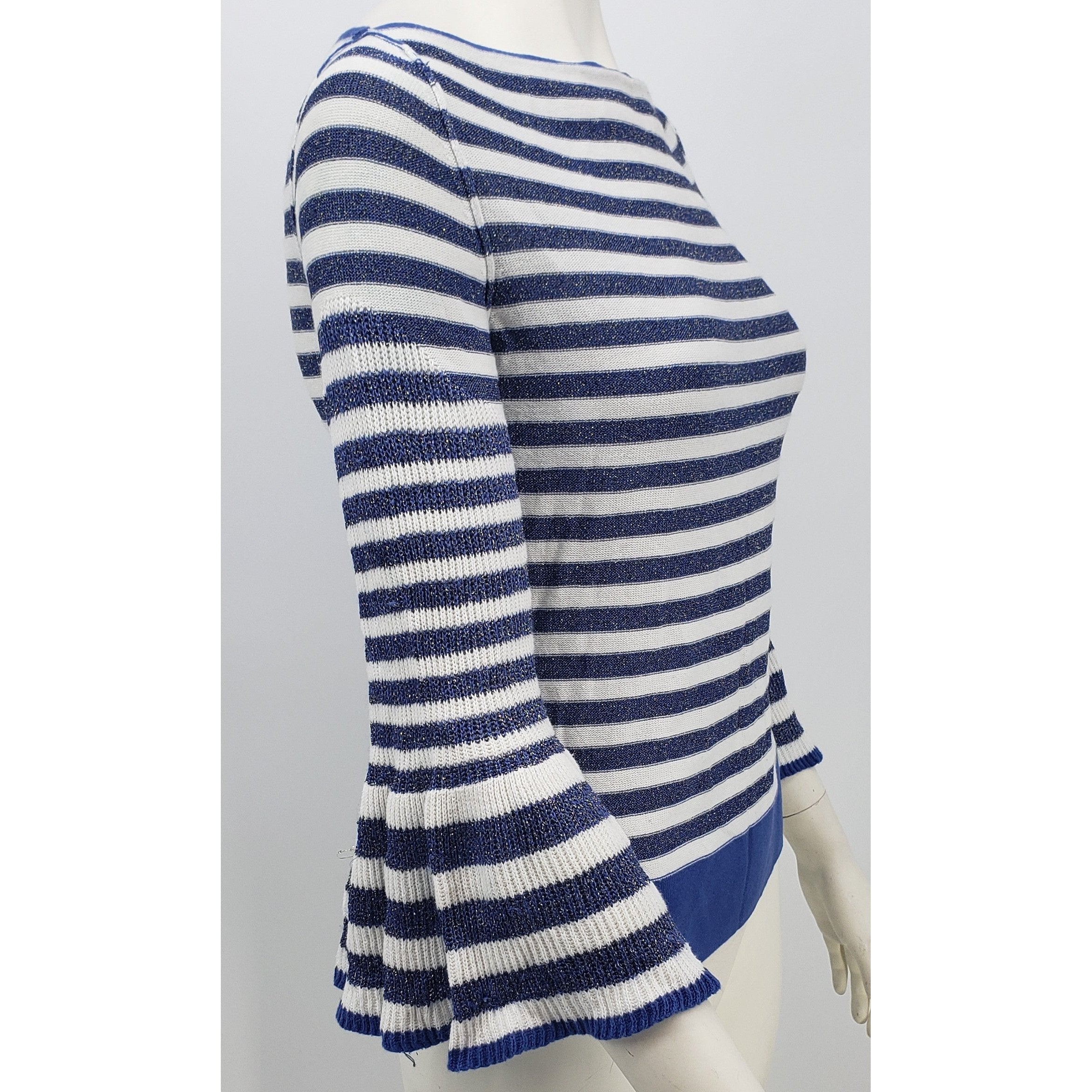 Boston Proper Womens Small Sweater Blue White Stripe Boatneck Bell Sleeve, Small