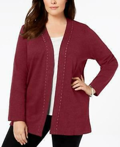 Karen Scott Plus Size Cotton Rhinestone-Trim Cardigan, Size OX