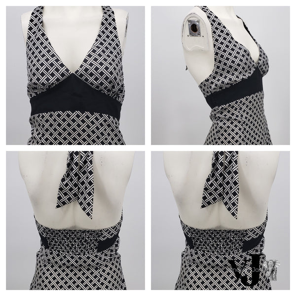 White House Black Market  Silk Ivory & Black Embellished Halter Top, Size XS