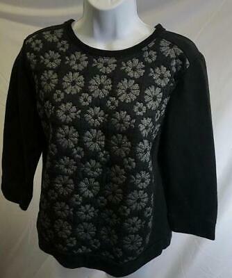 Ann Taylor flowers Black Striped Front French Terry Pullover Sweatshirt Medium