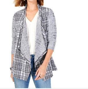 Style and Co Petite Plaid Eyelash Cardigan, Black/Gray, Size PS