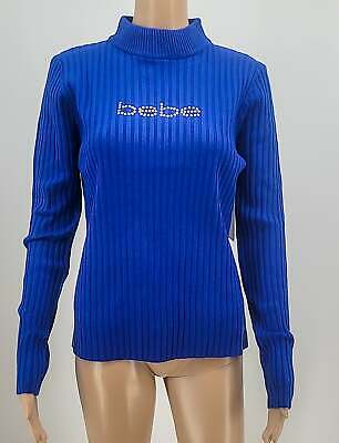 Bebe Synthetic Logo Mock Neck Sweater, Blue Size Large