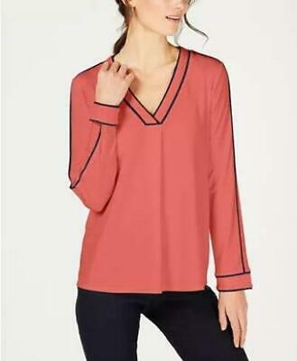 Charter Club Petite Contrasting-Trim V-Neck Top Size PP Soft Coral