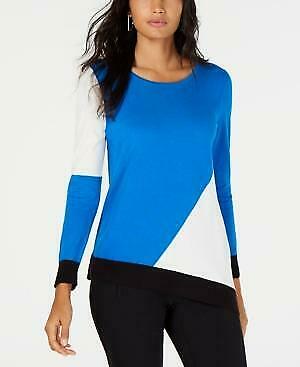 Alfani Colorblocked Asymmetical-Hem Sweater, XL/Blue/White
