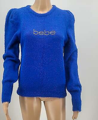 Bebe Womens Rhinestone Logo Blue Crew Neck Sweater, Size Medium