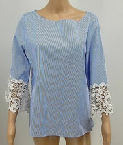 Lace Bell Sleeves Blue White Striped Nautical Blouse Size Medium