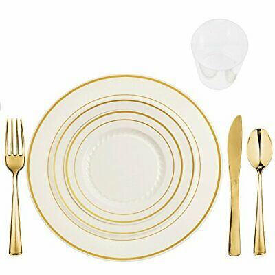 Silver Splendor 6 Inch Ivory Plastic Plate with Gold Band 150 CT