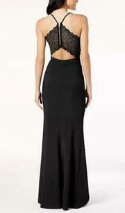 Emerald Sundae Juniors Lace-Back Banded Plunge Gown,Size XS/Black