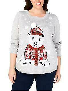 Karen Scott Womens Plus Patchwork Bear Holiday Christmas Sweater