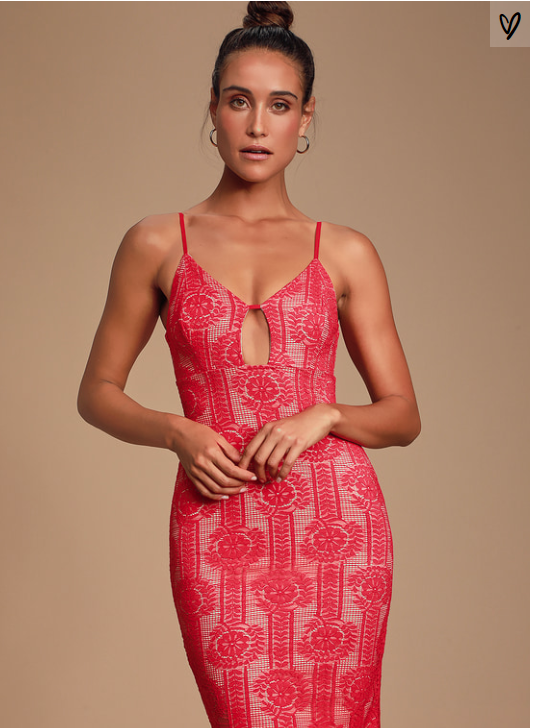 Lulus Avianna Red and Nude Lace Bodycon Dress, Size Medium – Vanessa Jane