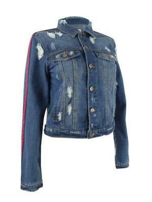 Almost Famous Juniors Varsity-Stripe Ripped Denim Jacket,XL