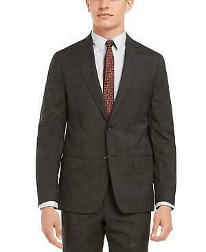 Dkny Mens Modern-Fit Stretch Charcoal/Brown Plaid Suit Separate Jacket,40L