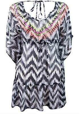 Miken Womens Embroidered V-Back Ruffled Tunic Dress Swim Cover-Up , Medium