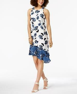 Alfani Womens White Asymmetrical Printed Sleeveless Jewel Neck Dress, Size 6