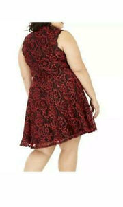 City Studios Women's Floral Sleeveless Mock Fit Flare Party Dress Red