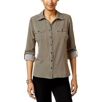 NY Collection Womens Petites Striped Utility Button-Down Top, Size PL
