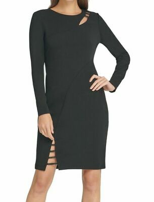 DKNY Womens Beaded Cutout Crepe Sheath Dress-Black, Size 2