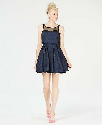 Trixxi Juniors Illusion and Rose Textured Fit and Flare Dress, Size 9/Blue