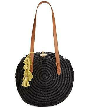 International Concepts Straw Circle Tote Handbag, Black