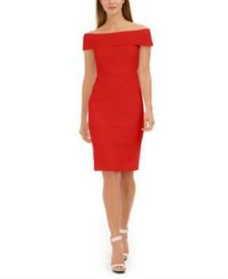 Calvin Klein Womens Red Zippered Short Sleeve Off Shoulder Sheath Dress, Size 8P