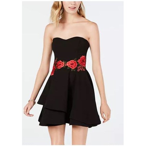 B Darlin Juniors Embroidered Strapless Fit and Flare Dress, Black, Size 15/16