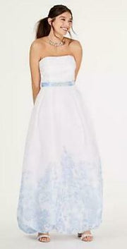 Teeze Me Juniors Strapless Floral-Hem Gown, Size 9-10/ White & Blue