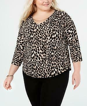 INC Womens Blouse Cheetah-Print Layered Chain V-Neck , Size 1X