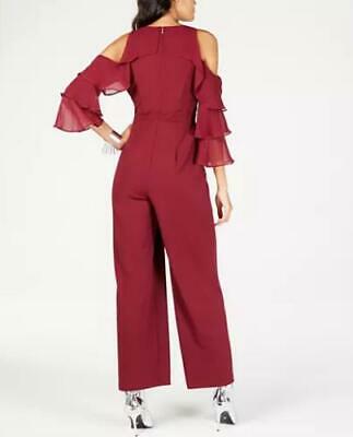 Thalia Sodi Cold-Shoulder Ruffled-Sleeve Jumpsuit, Size 14/Napa Wine