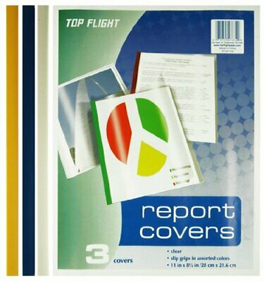 Top Flight Report Covers, Clear Plastic With Assorted Color Slip Grips, 3 Covers