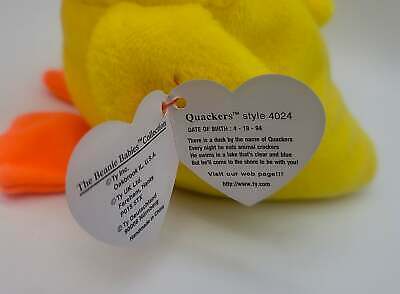 Ty Beanie Babies Quackers the Duck 1994– P.V.C. Pellets With Tag and Errors