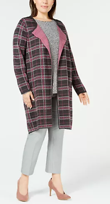 NY Collection Plus Size Jacquard Plaid Cardigan, Size 1X