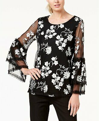 Alfani Embroidered Sheer-Sleeve Top, Size Small