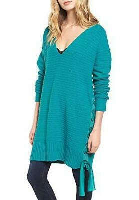 Free People Womens Lace-up V-Neck Pullover Sweater,Size Medium/Teal