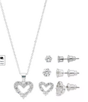 Macys Fine Silver Plate Cubic Zirconia Heart Necklace and Stud Earrings