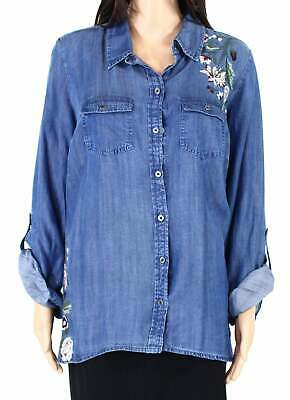 Style and Co Womens Embroidered Floral Print Button-Down Denim Top, Size Ox
