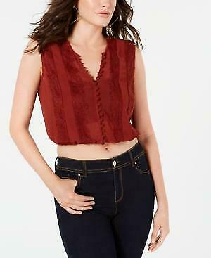 Guess Womens Brown Lace Patterned Cap Sleeve V Neck Crop Top, Choose Sz/Color