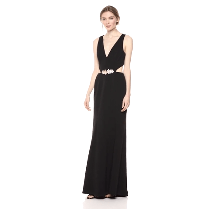 BCBG Max Azria Brooch-Trimmed Cutout Gown NNH6219752, Size 8/Black